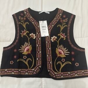 Embroidered Black Vest with Floral Design